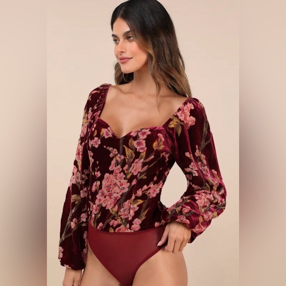 Lulus Luxe Romance Burgundy Velvet Floral Burnout Long Sleeve Bodysuit Size XL - Picture 3 of 5